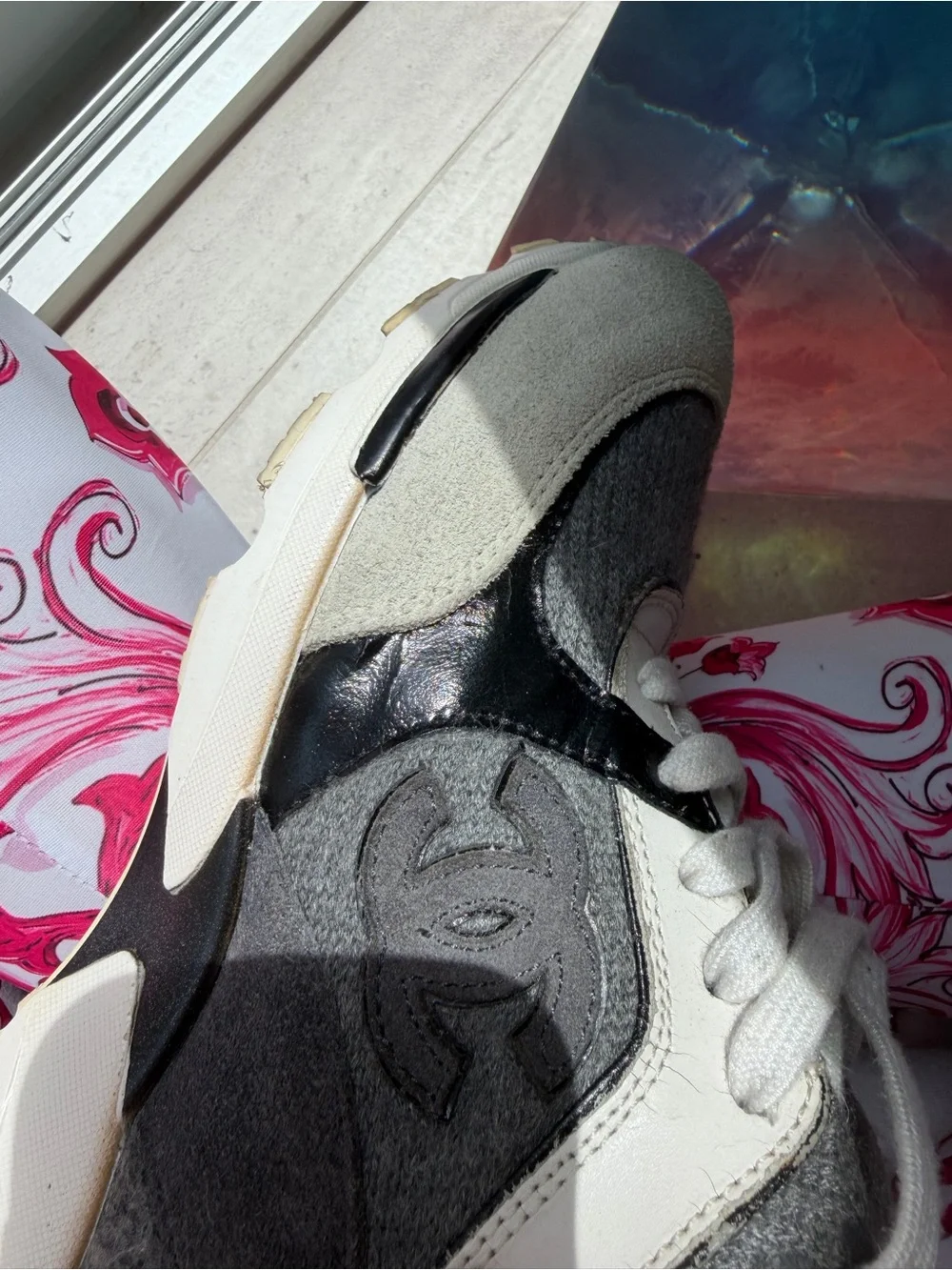 CHANEL Kids' Gray Knit Logo Back Sneakers